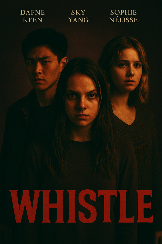 WHISTLE movie poster featuring Dafne Keen, Sky Yang, and Sophie Nélisse ahead of the official whistle movie release date in 2025.