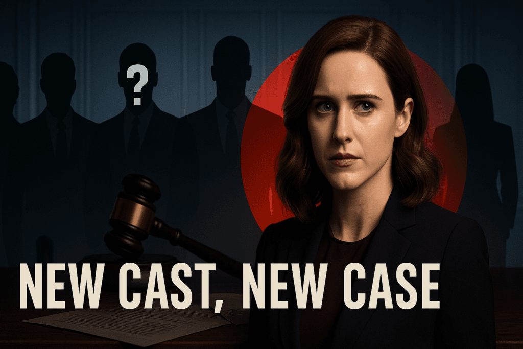 Silhouetted cast with Rachel Brosnahan in focus teasing presumed innocent season 2 release date.