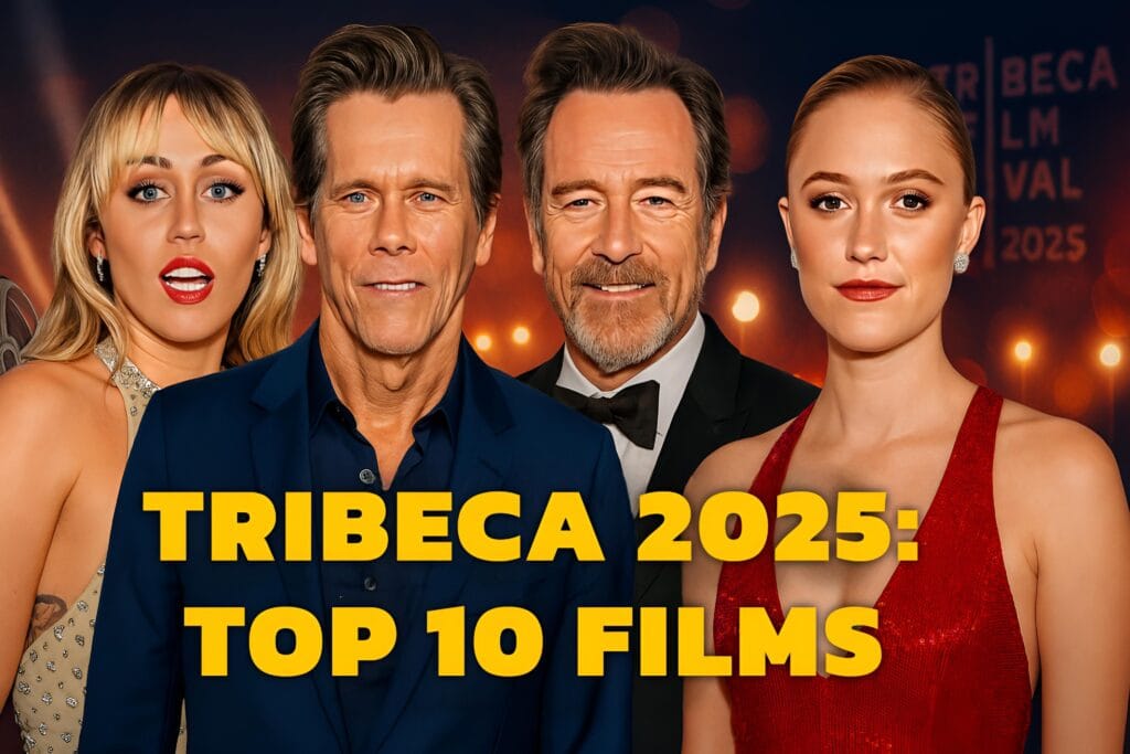 Celebrities in glamorous attire at Tribeca Film Festival 2025 with 'Upcoming Films' text overlay, highlighting the Tribeca Film Festival 2025 Lineup."