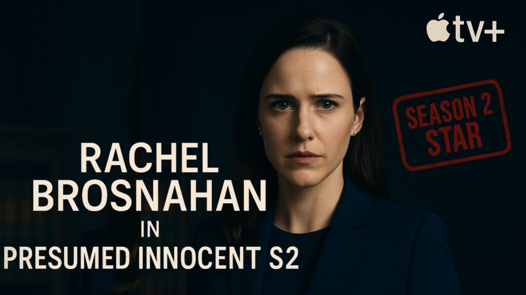 Rachel Brosnahan stands confidently in a navy suit with a “Season 2 Star” stamp and Apple TV+ logo, promoting Presumed Innocent Season 2 release date.