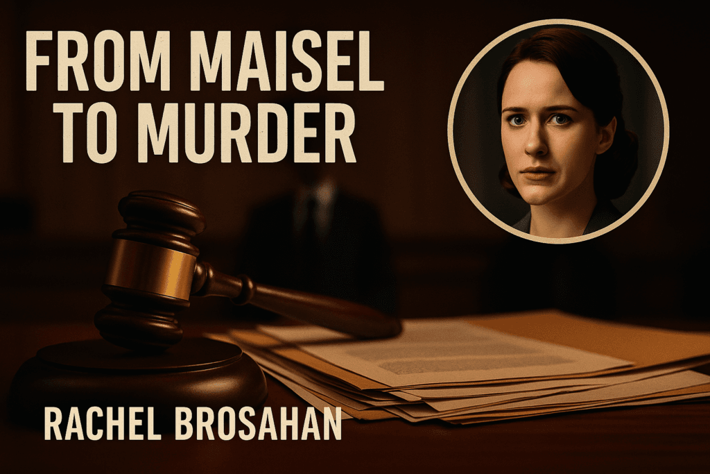 A gavel strikes with scattered legal documents in a dramatic courtroom setting, featuring Rachel Brosnahan’s portrait and the text “From Maisel to Murder,” teasing Presumed Innocent Season 2 release date.