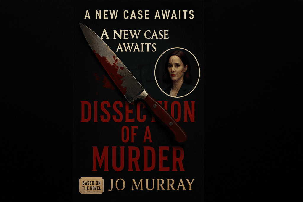 Dark thriller-style book cover mock-up of Dissection of a Murder by Jo Murray, with bloody knife and portrait of Rachel Brosnahan, and tagline: A New Case Awaits.