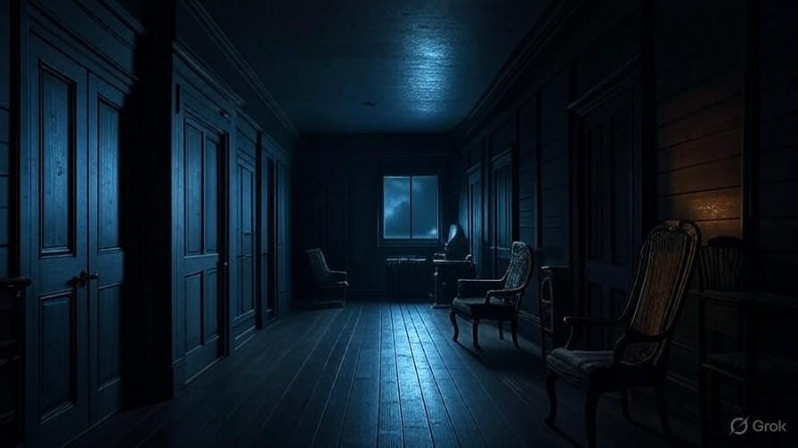 "Dark mysterious house corridor with closed doors, representing the Brick film plot of being trapped in Netflix mystery thriller 2025.